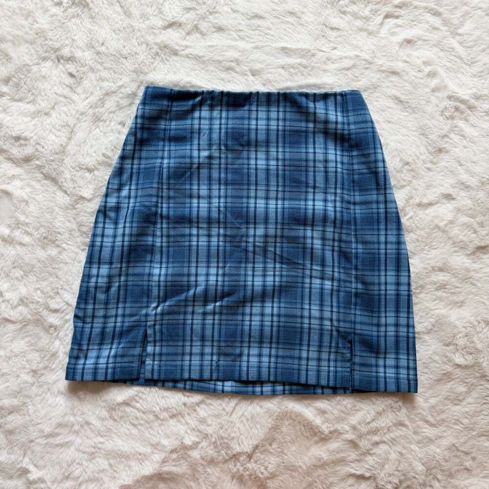 Brandy Melville John Galt Cara Blue Plaid Mini Skirt with Front Slits